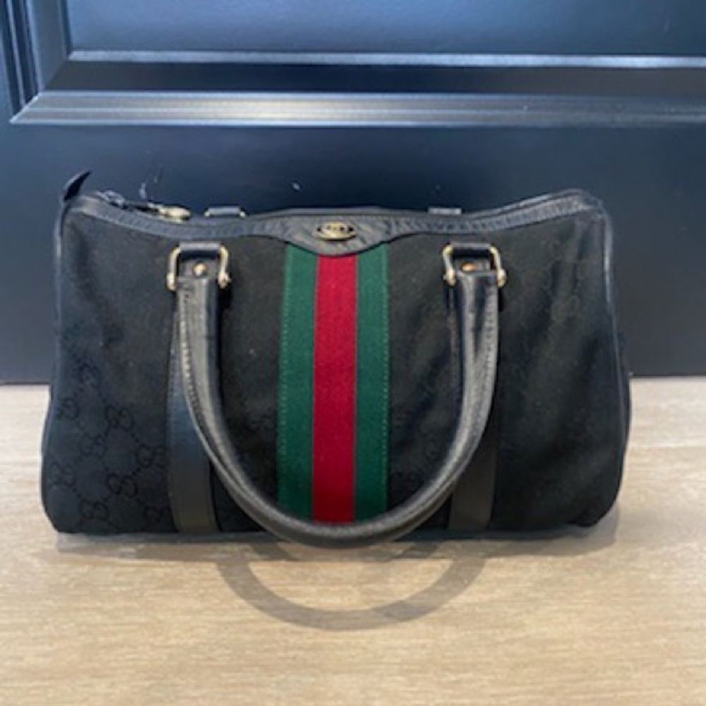 Gucci Black Satchel with Green and Red Center Stripe